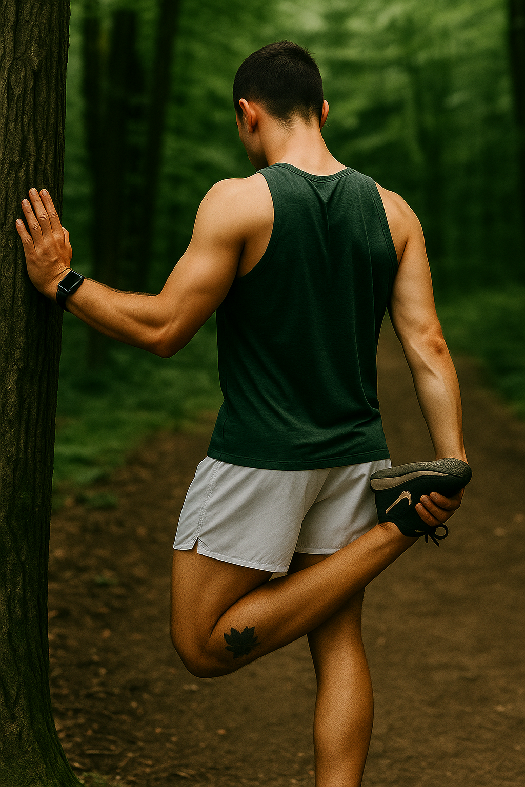 Runner stretching hamstring in the woods.